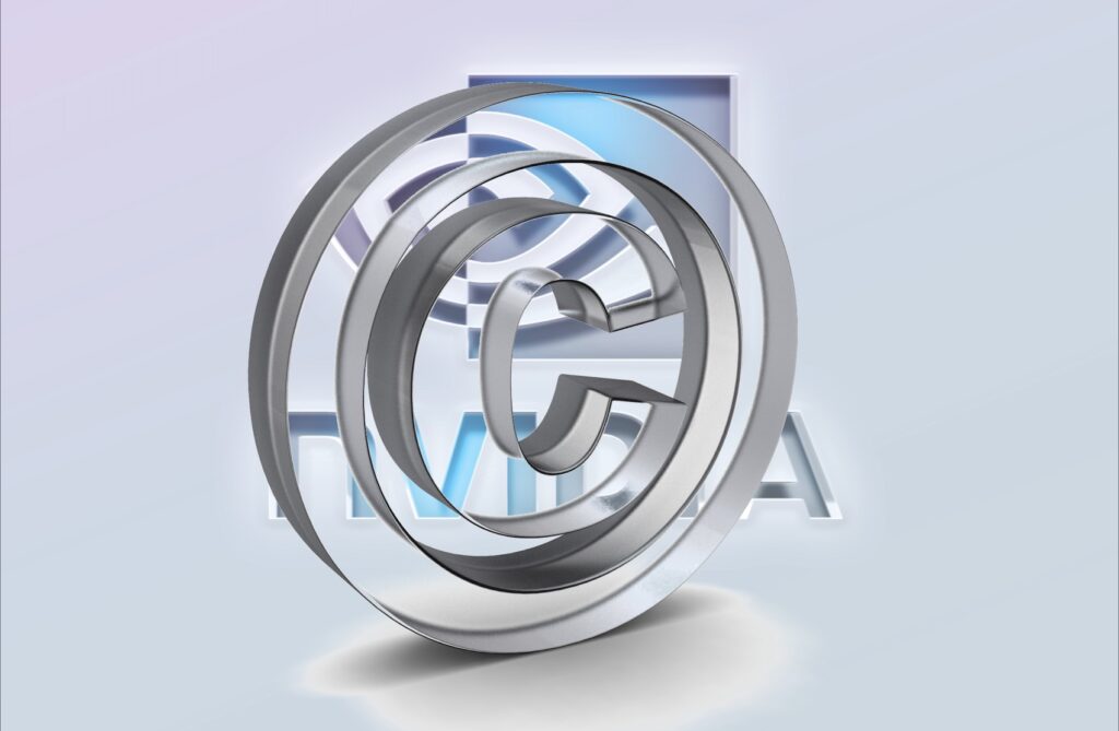 IMAGE: An Nvidia embossed logo behind a copyright transparent sign