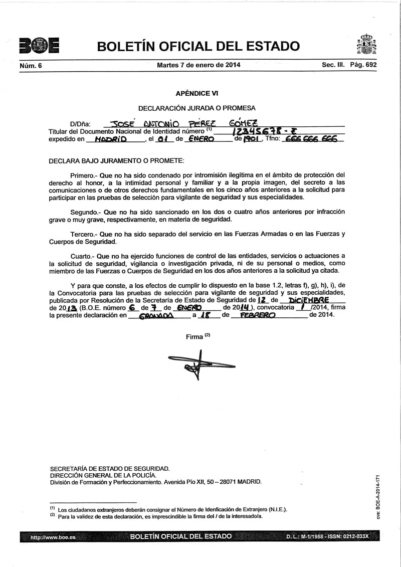 Declaración jurada para oposiciones