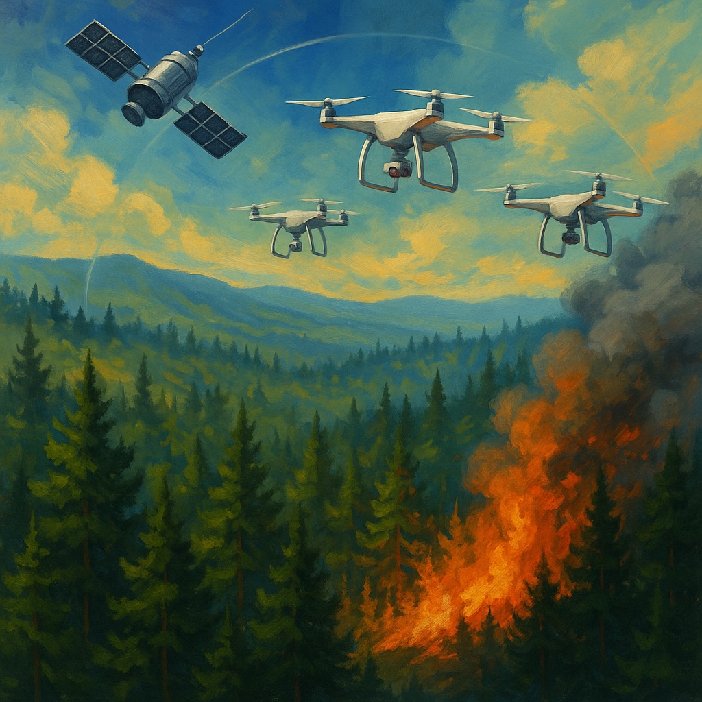 IMAGE: Aerial digital illustration of a Mediterranean forest fire, with three drones and a satellite monitoring the flames from above
