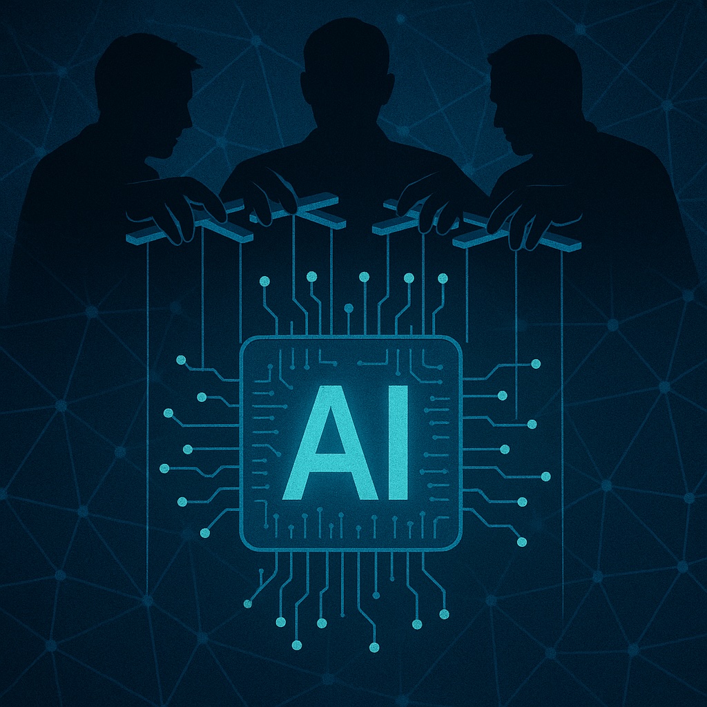IMAGE: Three shadowy human figures acting as puppeteers, holding strings attached to a glowing microchip labeled “AI,” set against a dark, network-like background. It conveys the idea of hidden actors controlling artificial intelligence