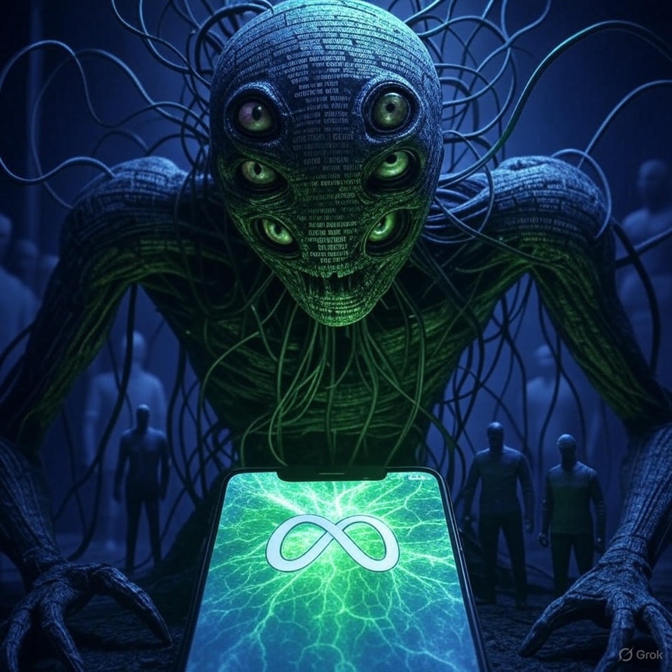 IMAGE: A menacing AI creature made of code and wires, with multiple glowing eyes, towering over faceless human figures. Its tendrils control distorted celebrity avatars, symbolizing unauthorized chatbots. A cracked smartphone screen in the foreground displays the Meta logo, emitting a toxic green glow, set against a dark, futuristic backdrop of blues and purples