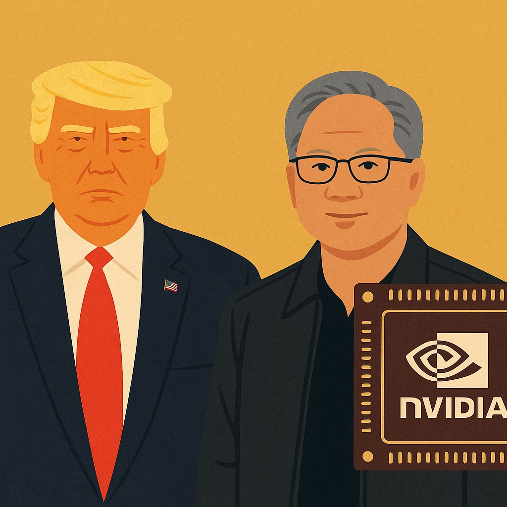 IMAGE: Donald Trump and Jensen Huang standing side by side. Trump is dressed in a navy suit with a red tie, while Huang wears a black leather jacket and glasses. Behind them is a large Nvidia computer chip set against a warm golden background