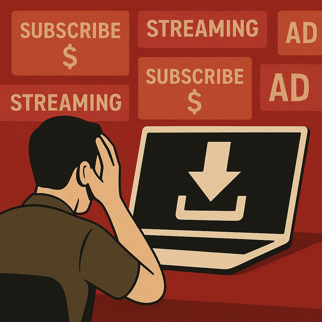 IMAGE: A man sits at a desk, head in hand, facing a laptop with a large download icon on its screen. Around him float red panels showing words like “SUBSCRIBE,” “STREAMING,” and “AD,” representing the overload of expensive, ad-filled streaming services