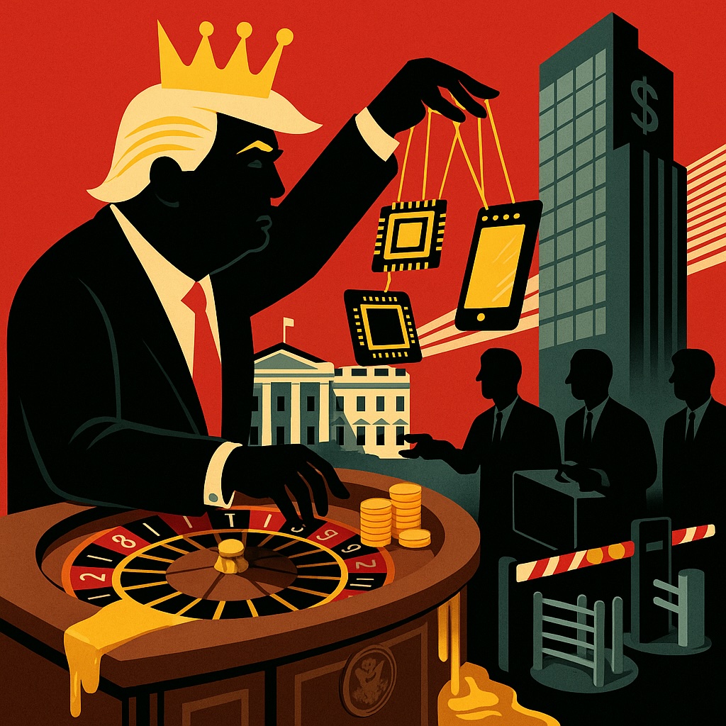 IMAGE: A satirical illustration with a president with a recognizable hairstyle manipulates chip-shaped puppets and a cell phone on a roulette-shaped desk; to one side, anonymous executives slide a briefcase and coins past a White House that merges with a corporate skyscraper