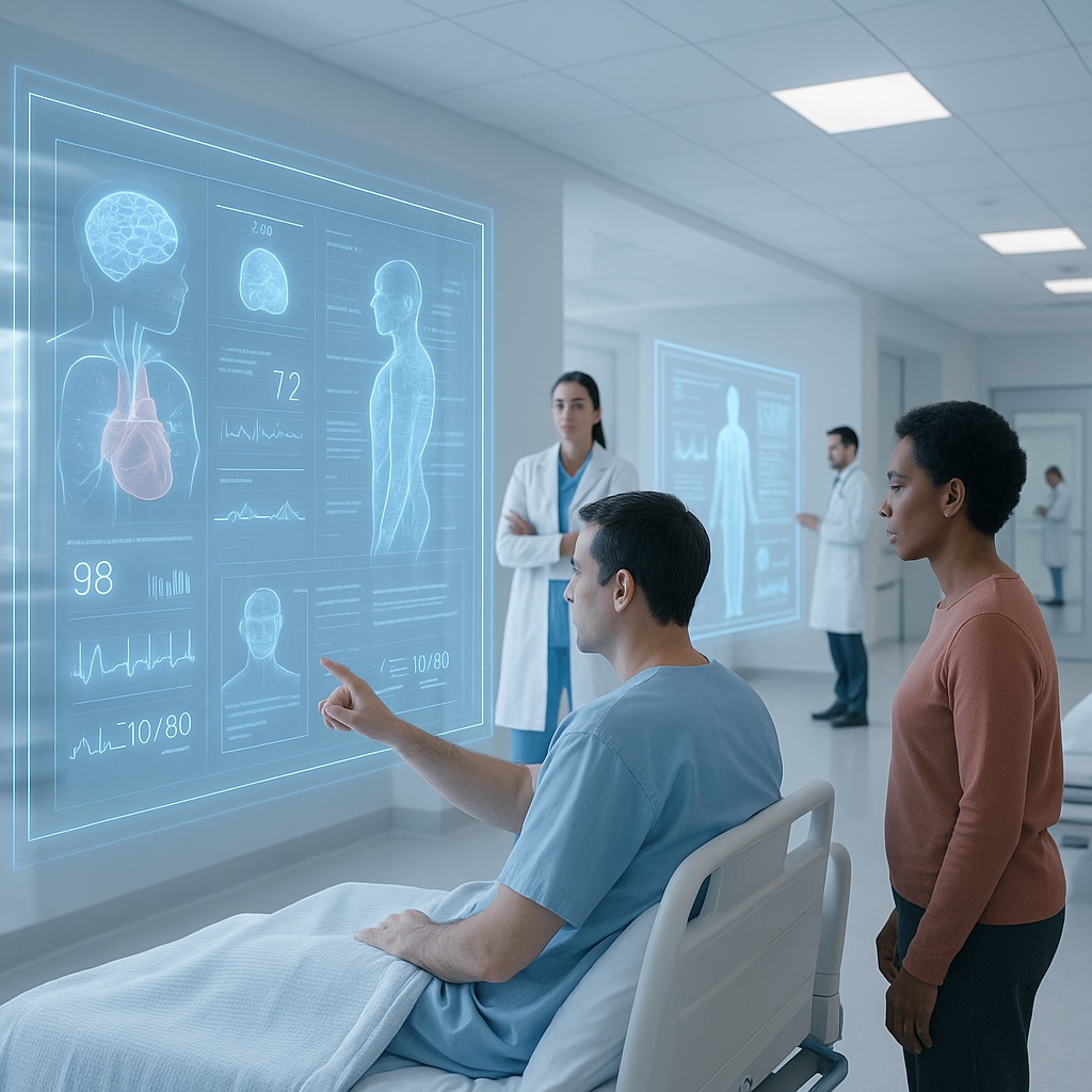 IMAGE: A bright, modern hospital hallway where a patient in bed interacts with a large holographic medical display showing vital signs and anatomy. Doctors and companions observe while AI systems operate invisibly in the background