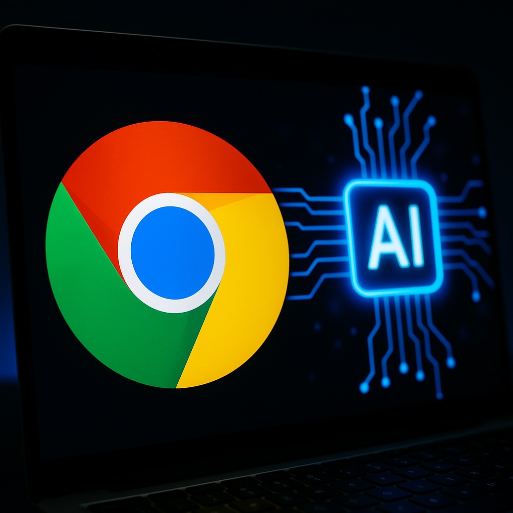 IMAGE: A Google Chrome logo next to a glowing AI icon connected by digital circuit lines, symbolizing the merging of browsers and artificial intelligence