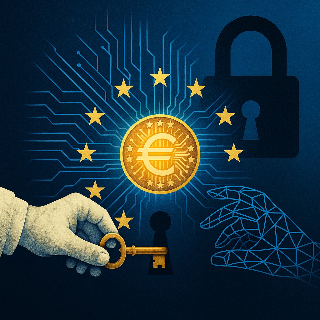 IMAGE: A square, minimalist editorial illustration of a glowing euro coin styled like a microchip at the center. The EU ring of stars fades into circuit traces radiating outward. On the left, a marble-like bureaucratic hand presents a gold key toward a keyhole; on the right, a wireframe hand reaches toward the coin. A soft padlock silhouette looms in the background, evoking control versus freedom