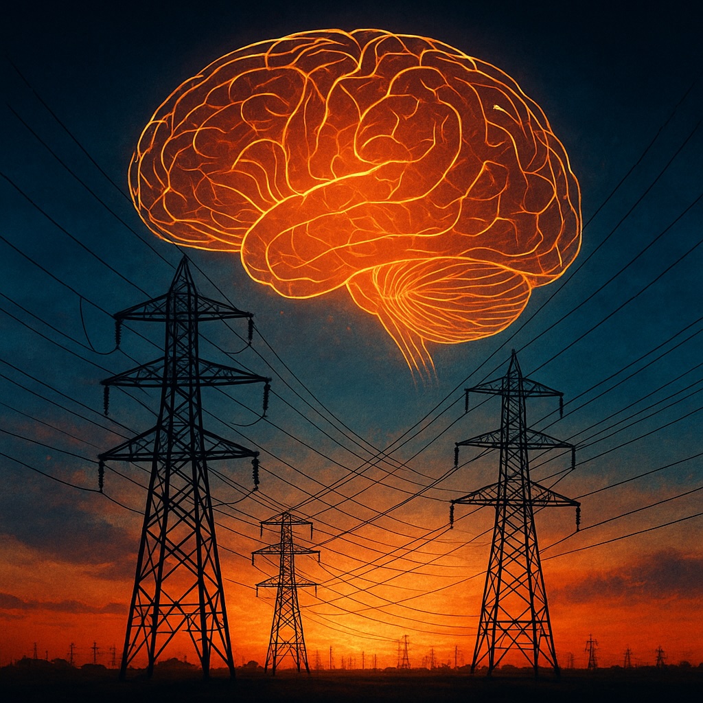 IMAGE: A glowing brain connected to power lines, symbolizing AI’s dependence on cheap electricity