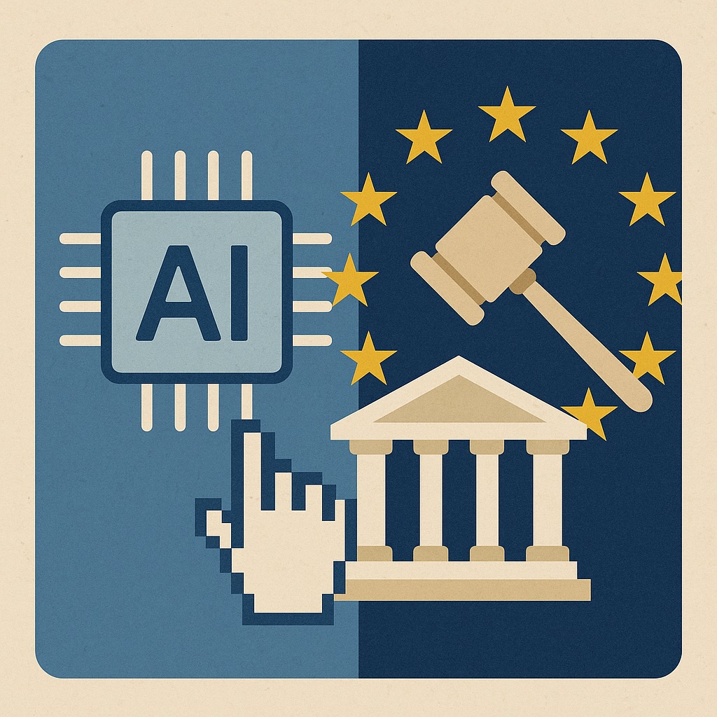 IMAGE: A computer chip labeled "AI" with circuit lines on the left, and on the right a gavel and government building under a circle of EU stars, representing the regulation of artificial intelligence in Europe