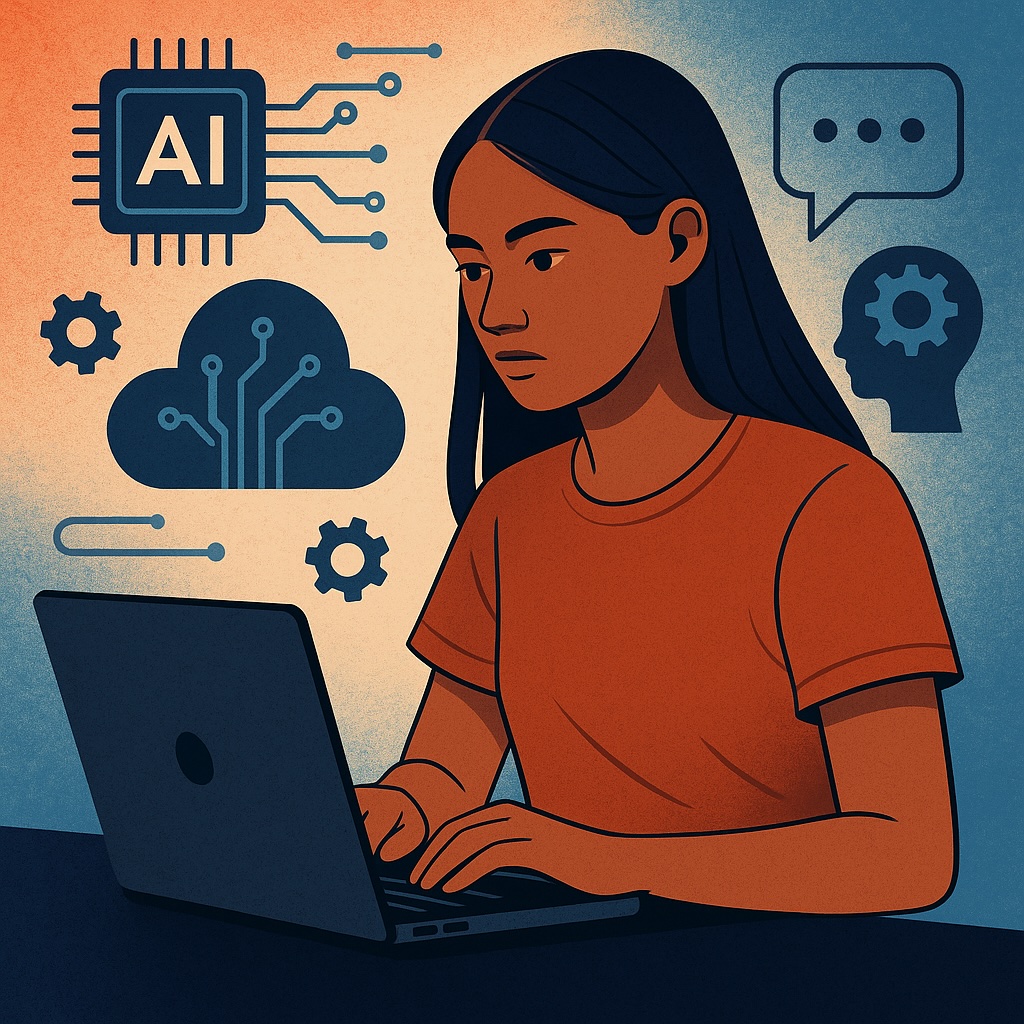 IMAGE: A young woman sits at a laptop, surrounded by abstract icons of AI, gears, and cloud technology, symbolizing Gen Z navigating careers in the age of artificial intelligence