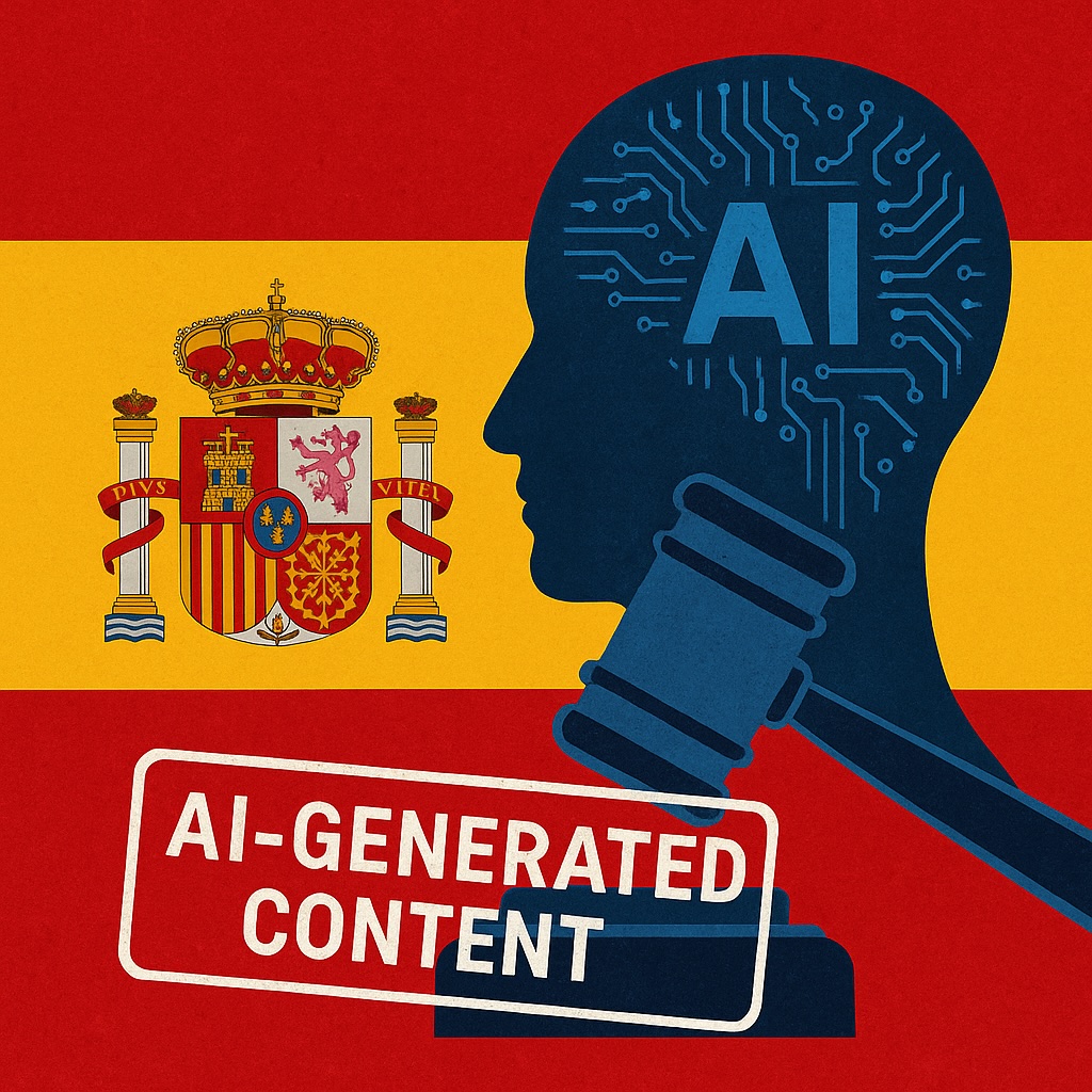 IMAGE: With the Spanish flag in the background, a silhouette of a human head filled with AI circuits, a judge’s gavel in front, and a bold stamp reading “AI-generated content.”