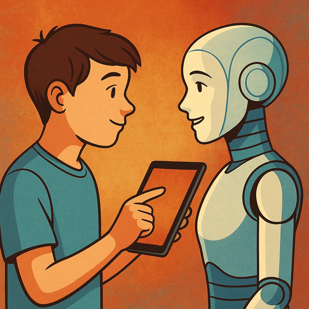 IMAGE: A teenage boy holding a tablet while looking at a humanoid robot, symbolizing AI as a study companion