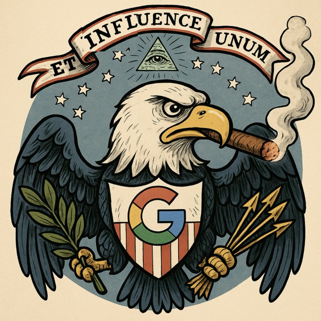 IMAGE: A political cartoon showing an American eagle with a Google logo on its chest, holding a cigar and a banner that reads "Et Influence unum", symbolizing Big Tech power over regulation 