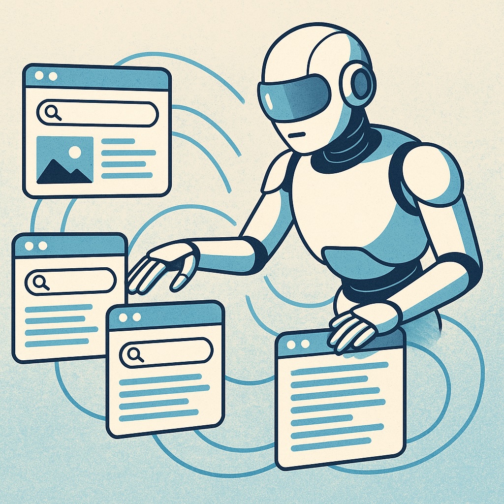 IMAGE: A robot-like AI assistant is shown browsing and sorting through floating web pages, symbolizing a digital agent exploring and retrieving information from the internet