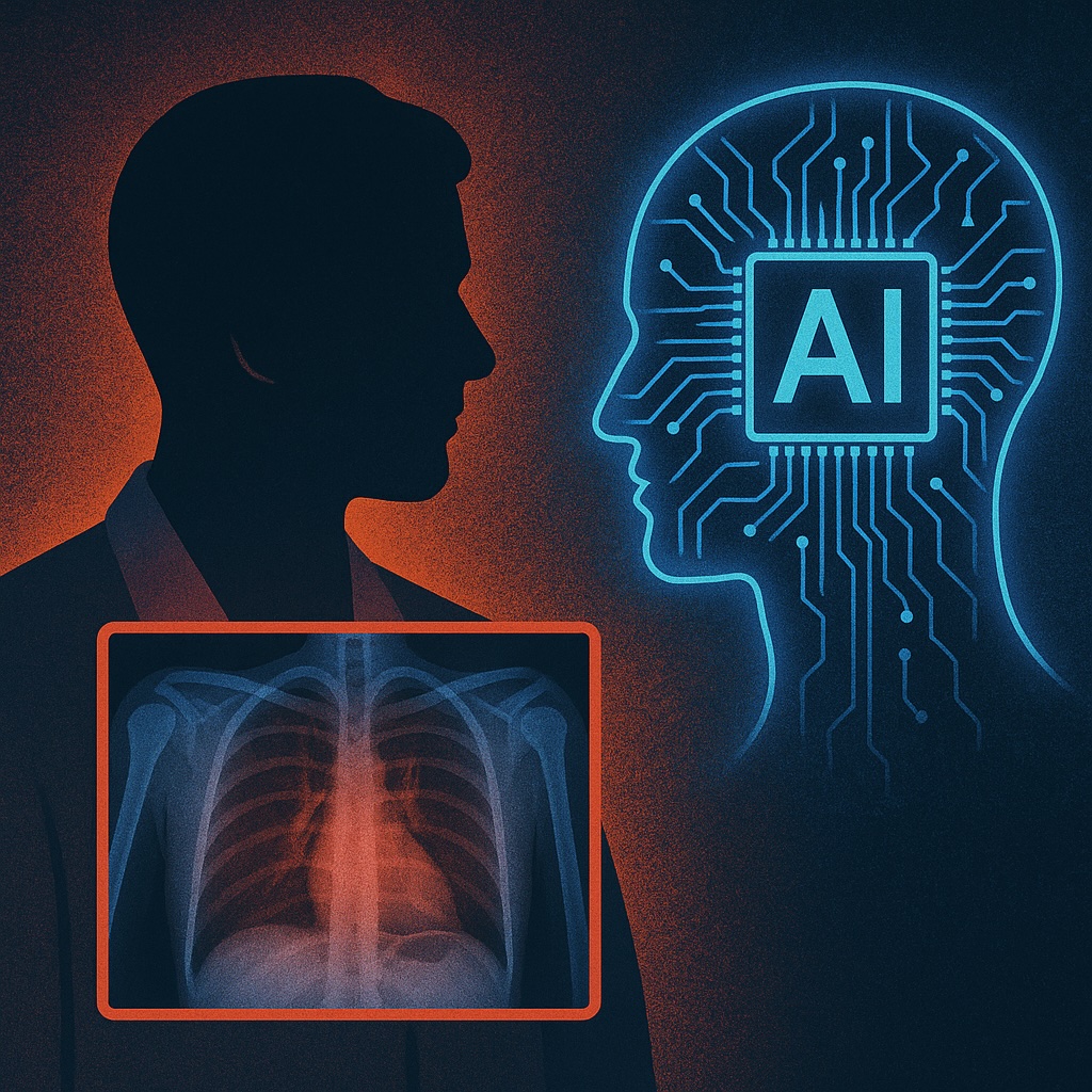 IMAGE: A human radiologist in silhouette holding a glowing chest X-ray, facing an AI figure shaped like a head with circuit patterns and a glowing chip labeled "AI." The two figures are contrasted in warm and cool tones, symbolizing human-AI collaboration in medical imaging