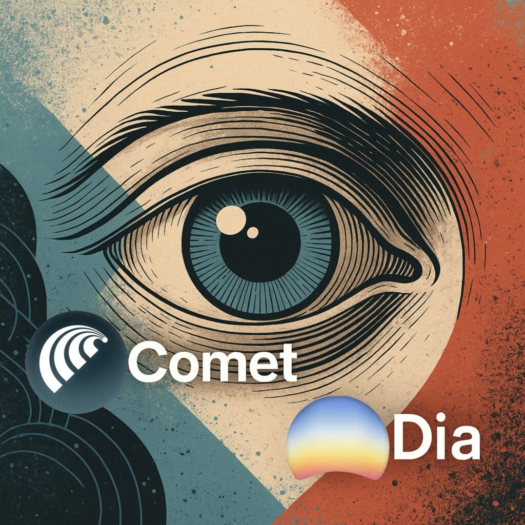 IMAGE: A square digital illustration showing a large stylized eye at the center, symbolizing observation and context. The Comet and Dia logos are placed prominently near the eye, with abstract blue, red, and beige textures suggesting a futuristic, AI-enhanced browser environment 