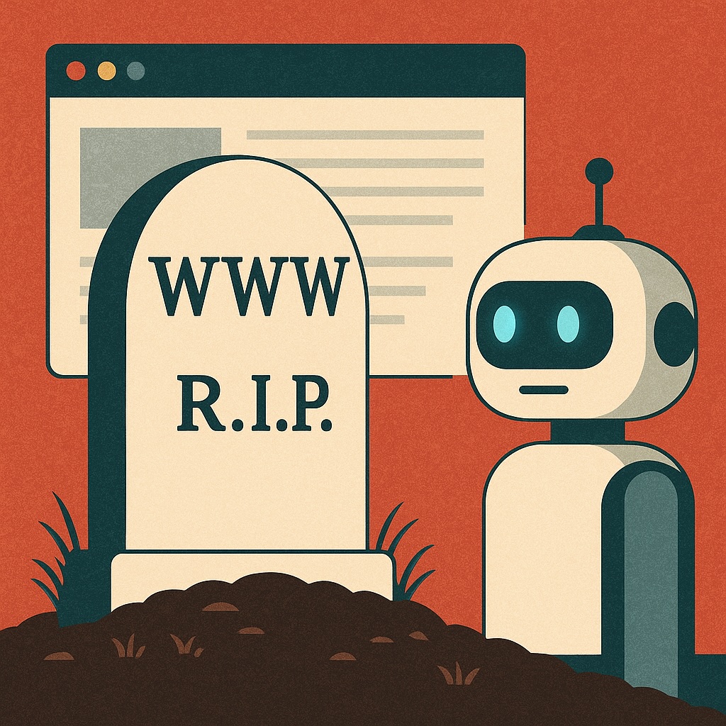 IMAGE: A gravestone with “WWW R.I.P.” engraved on it, standing before a faded web browser window. Beside the gravestone, a small robot with glowing eyes observes solemnly, symbolizing the decline of the traditional web under the rise of AI