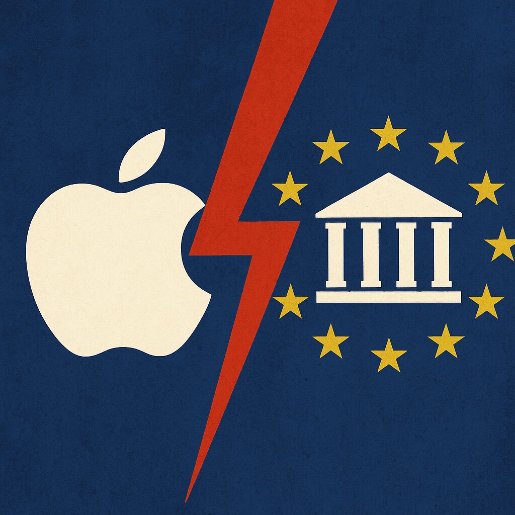 IMAGE: The Apple logo on the left and the European Union symbol on the right, separated by a red lightning bolt, symbolizing a clash between the company and EU regulation