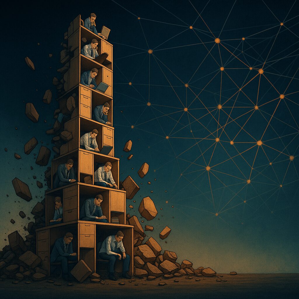 IMAGE: A crumbling tower of office workers collapses as a glowing AI network expands beside it, symbolizing the disruption of traditional consulting by artificial intelligence