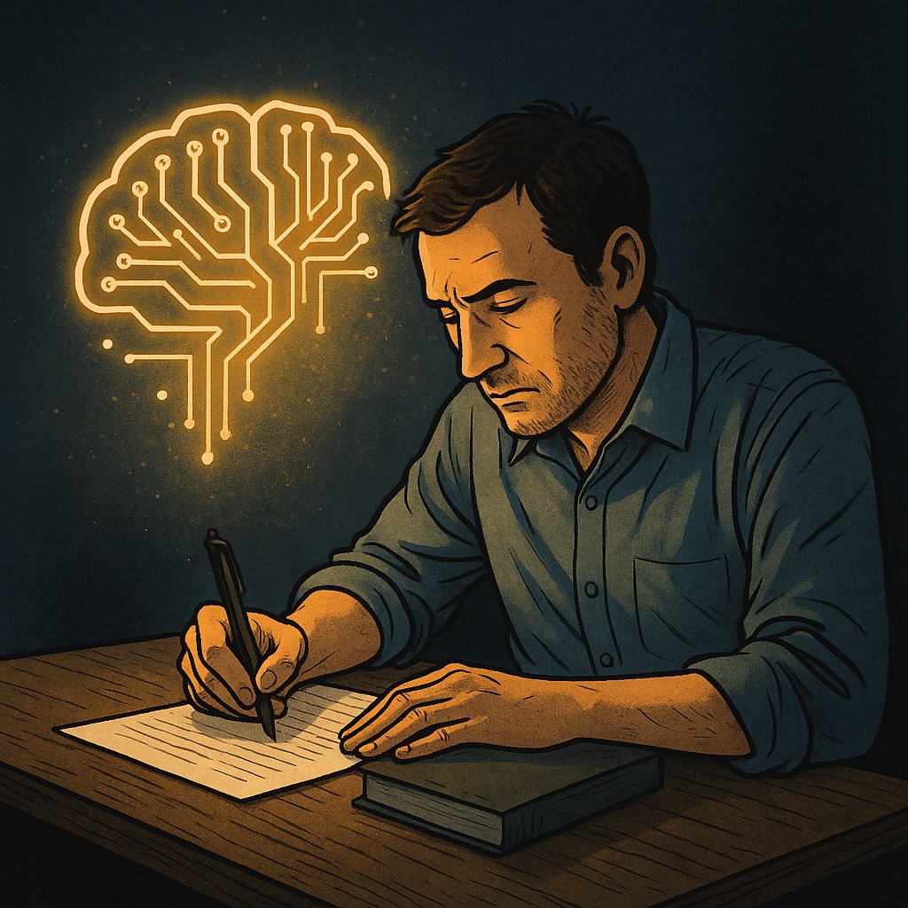IMAGE: A man writes intently at his desk under the glow of a brain-shaped light made of circuitry, symbolizing harmony between human creativity and artificial intelligence