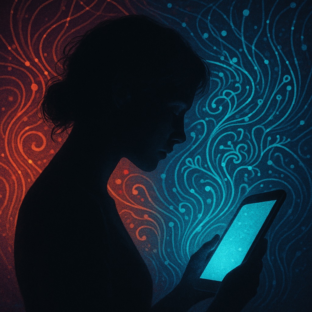 IMAGE: Silhouette of a woman lit by a tablet’s glow, surrounded by abstract red and blue digital patterns symbolizing algorithmic influence