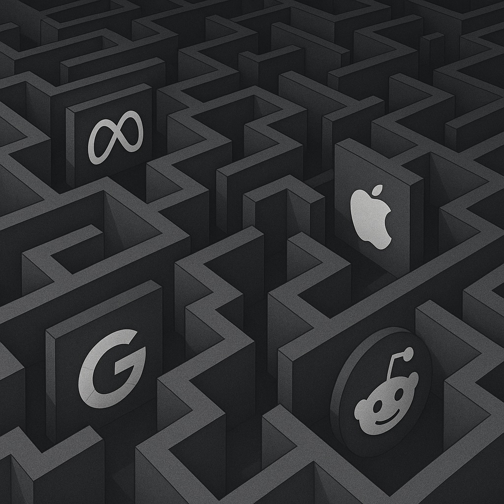 IMAGE: A dark, geometric maze featuring subtle tech company logos like Meta, Apple, Google, and Reddit, symbolizing the open internet being trapped inside corporate walls