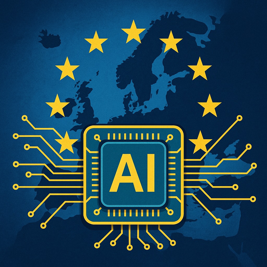 IMAGE: A glowing AI microchip radiates golden circuit lines across a blue map of Europe, encircled by the EU’s yellow stars, symbolizing European innovation in artificial intelligence