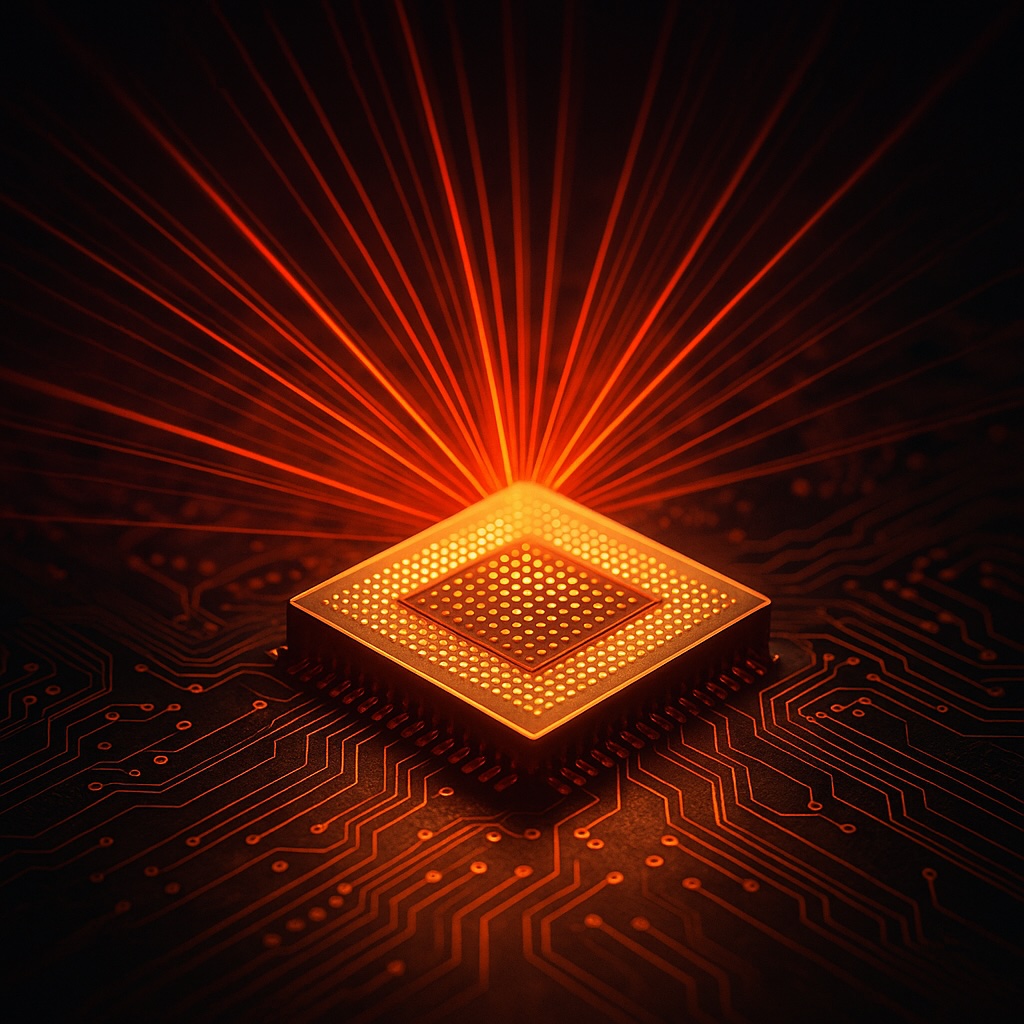 IMAGE: A glowing orange microchip emits beams of light across a dark circuit board, symbolizing China’s leap into light-based computing and innovation beyond traditional transistors