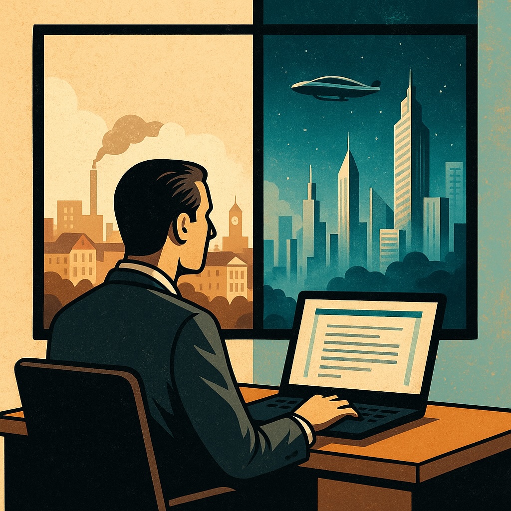 IMAGE: A person sits at a desk facing a window split between a traditional cityscape and a futuristic skyline, symbolizing the contrast between today’s work reality and imagined technological futures