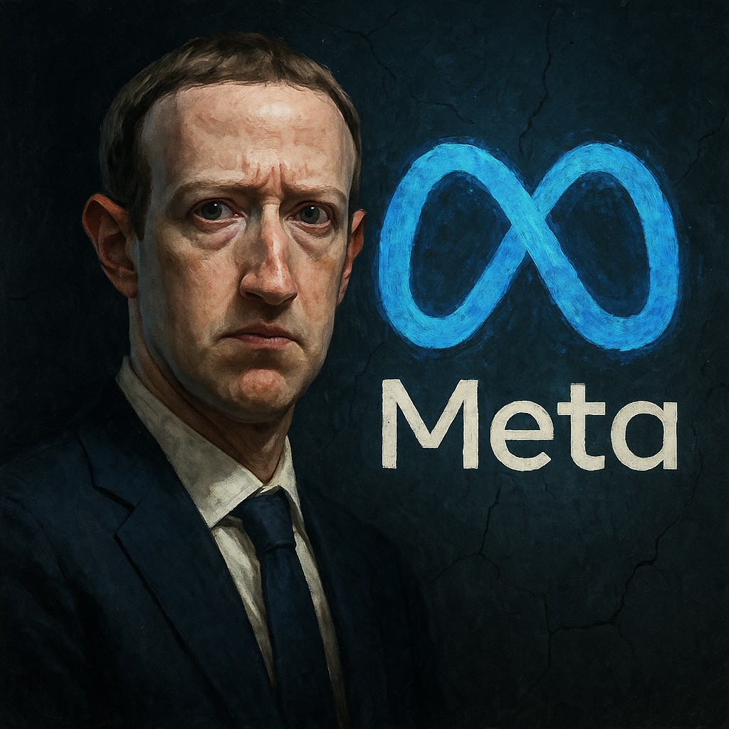IMAGE: A dark, moody portrait of Mark Zuckerberg in a suit, illuminated from the side, standing before a glowing blue Meta logo against a cracked, textured wall, symbolizing power under scrutiny