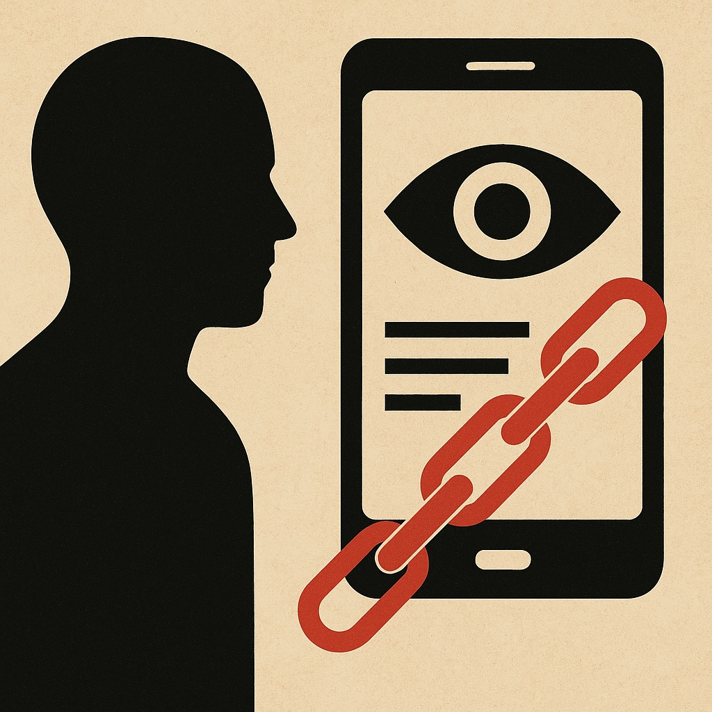 IMAGE: A minimalist illustration showing a person chained to a smartphone displaying an eye symbol, representing how users are trapped in Google’s pervasive surveillance-based advertising system