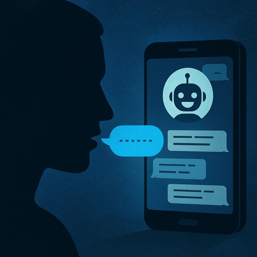 IMAGE: A person’s silhouette speaks to a glowing smartphone showing a friendly chatbot, symbolizing how digital conversations with AI captivate human attention