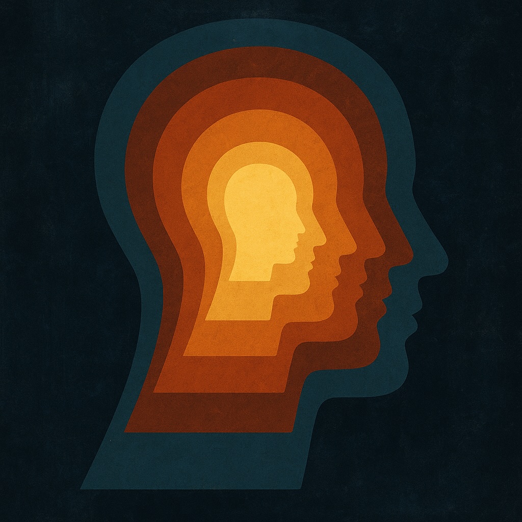IMAGE: An abstract image of concentric human head silhouettes nested inside one another, fading from deep blue to warm orange and yellow, symbolizing layers of thought or learning at different speeds