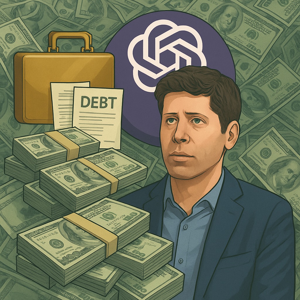 IMAGE: A caricature of Sam Altman surrounded by stacks of dollar bills, debt papers, and a golden briefcase, with the OpenAI logo looming behind — symbolizing wealth, power, and mounting financial pressure