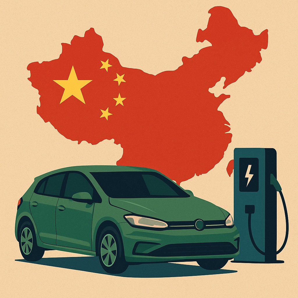 IMAGE: A green electric car next to a charging station, set against a red map of China with yellow stars, symbolizing China’s role in global electric mobility