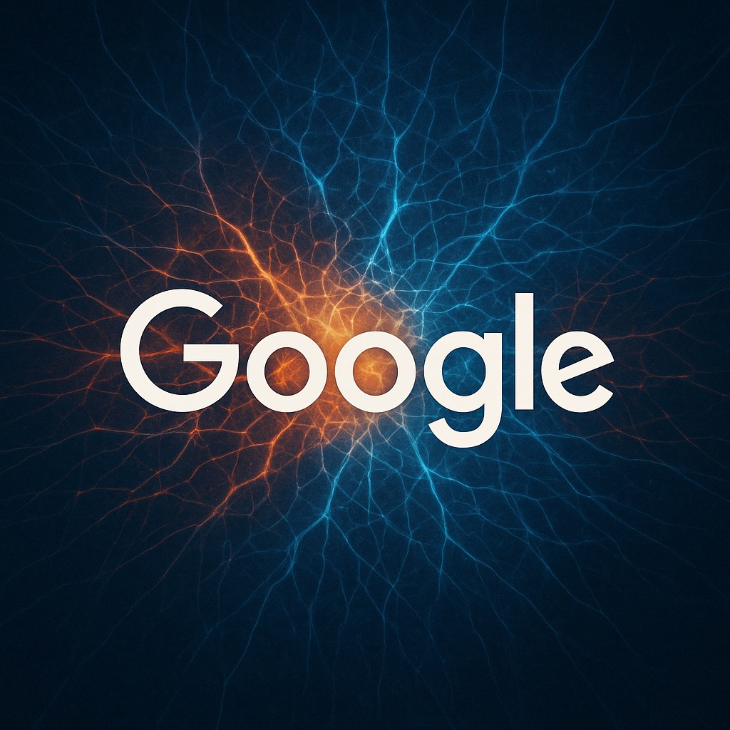 IMAGE: A glowing neural network radiates from behind the Google logo, with orange and blue energy streams symbolizing Google’s AI resurgence