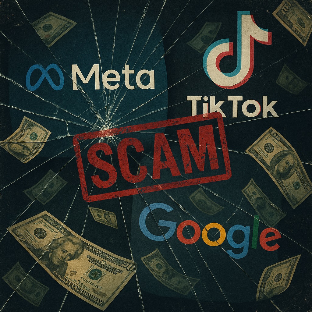 IMAGE: A cracked-glass composition showing symbolic elements of major tech platforms surrounded by money, suggesting the collapse of their claimed neutrality in online fraud