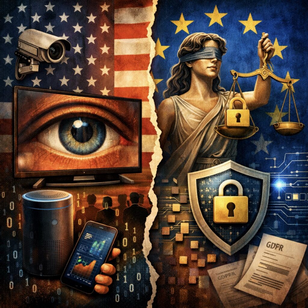 IMAGE: A split illustration contrasting U.S. private surveillance, shown through smart devices watching users, with the European Union’s defense of privacy, symbolized by legal protections and secure data