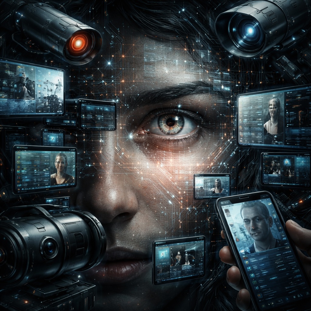 IMAGE: A hyper-realistic close-up of a human face partially obscured by layers of transparent digital interfaces, surveillance cameras, and glowing data streams, suggesting constant monitoring and invisible data extraction by artificial intelligence