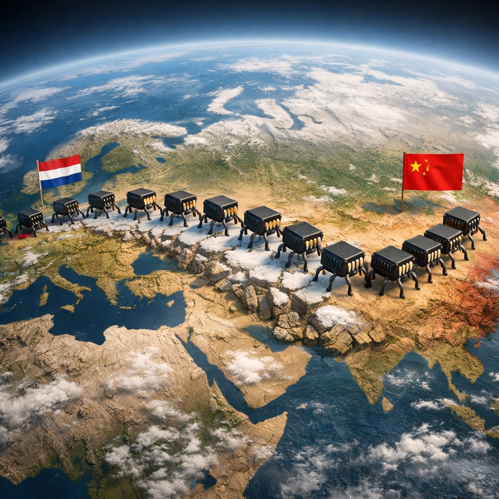 IMAGE: A realistic world map seen from space shows small walking microchips moving like ants from the Netherlands toward China, symbolizing the global struggle over semiconductor control