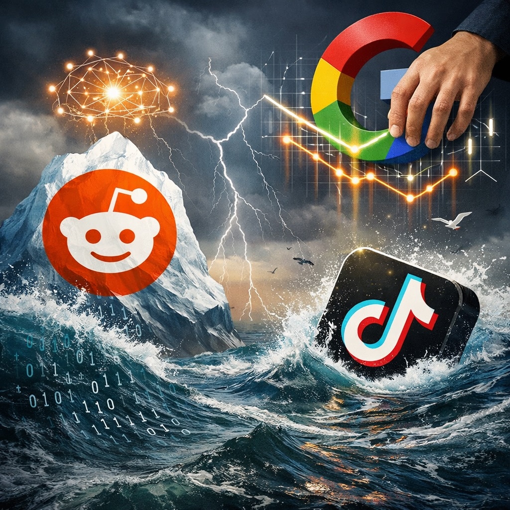 IMAGE: A dramatic illustration showing Reddit rising above stormy digital waves while TikTok sinks, as a powerful hand symbolizing Google manipulates the flow of attention from above