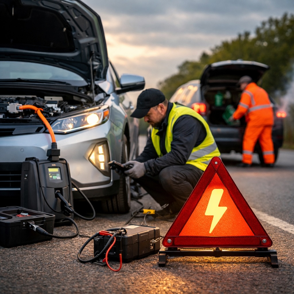 IMAGE: A roadside scene where an electric car is being quickly serviced by a technician, while a petrol car in the background appears more complex to handle, highlighting the simplicity and reliability of electric vehicles