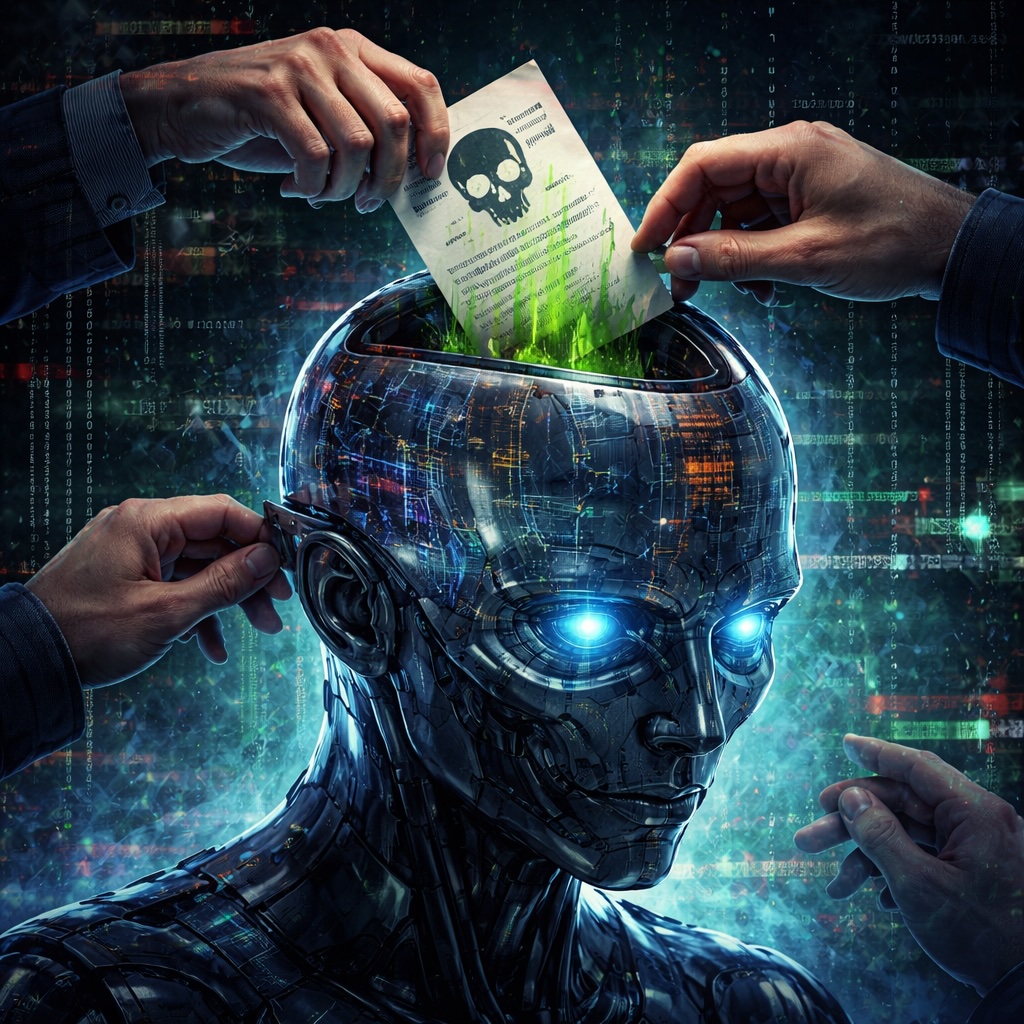 IMAGE: A humanoid robot with a transparent, data-filled head is being fed a glowing green “poisoned” document marked with a skull by human hands, against a dark background of cascading code and digital noise