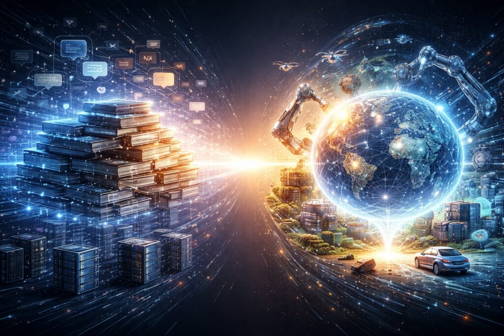 IMAGE: An abstract illustration contrasts stacks of text and data representing language models with a glowing globe and physical systems representing world models, symbolizing the shift from text-based AI to systems that understand reality