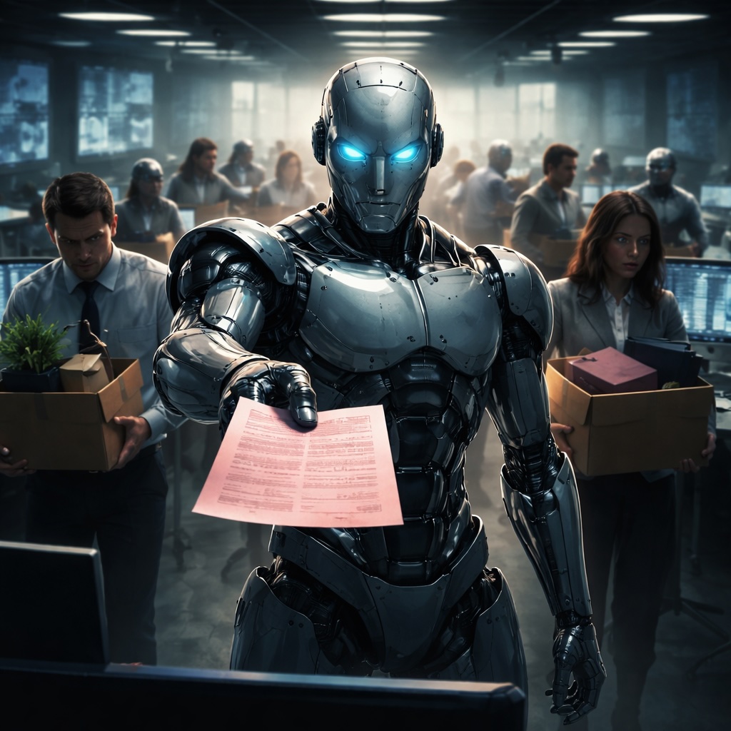 IMAGE: A humanoid robot with glowing blue eyes hands a pink termination letter to an office worker while anxious employees pack their belongings in the background of a dimly lit corporate office
