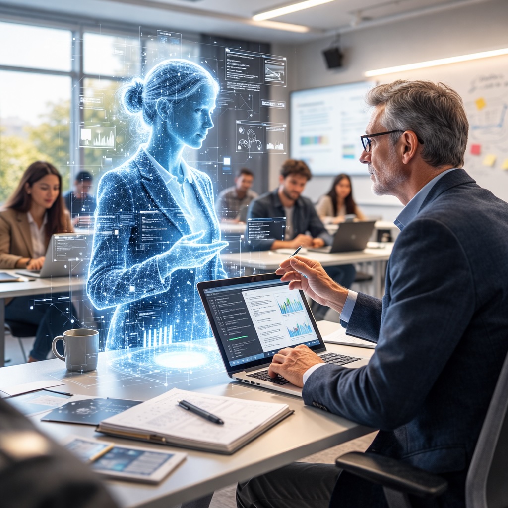 IMAGE: A hyper-realistic scene of a professor in a modern classroom interacting with a luminous AI hologram while students observe, symbolizing the integration of artificial intelligence into everyday academic life