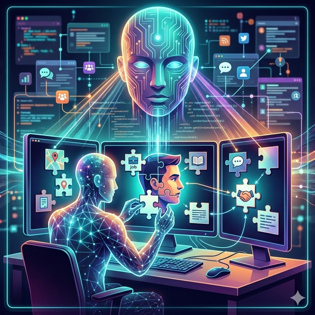 IMAGE: A luminous cyborg-like figure seated at three glowing monitors. From the center monitor, a massive digital head watches, as streams of glowing code and small puzzle pieces—representing details like location, job, or hobbies—connect to form a real-world profile of a human face on the screen