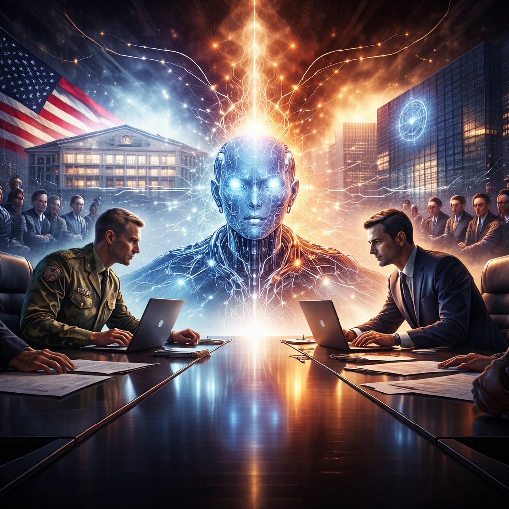 IMAGE: Two executives sit across a table with laptops as a glowing humanoid AI figure rises between them, symbolizing a high-stakes power struggle over control of artificial intelligence