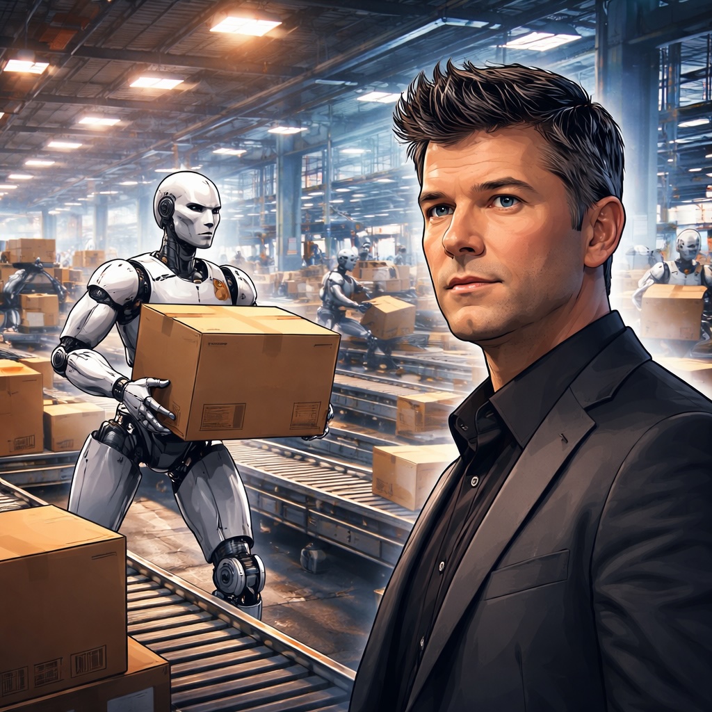 IMAGE: Illustration of a tech entrepreneur that looks like an idealized version of Travis Kalanick, watching robots move boxes in a futuristic warehouse filled with conveyor belts