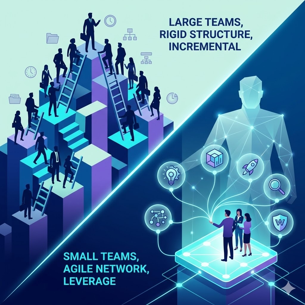 IMAGE: A square image shows two business models: on the left, silhouetted crowds laboriously climb a rigid, hierarchical step structure, with a text reading LARGE TEAMS, RIGID STRUCTURE, INCREMENTAL. On the right, a tiny team orchestrates floating, glowing icons from an interconnected platform. Behind them, a translucent giant's outline visualizes their amplified capacity, with a text that reads SMALL TEAMS, AGILE NETWORK, LEVERAGE